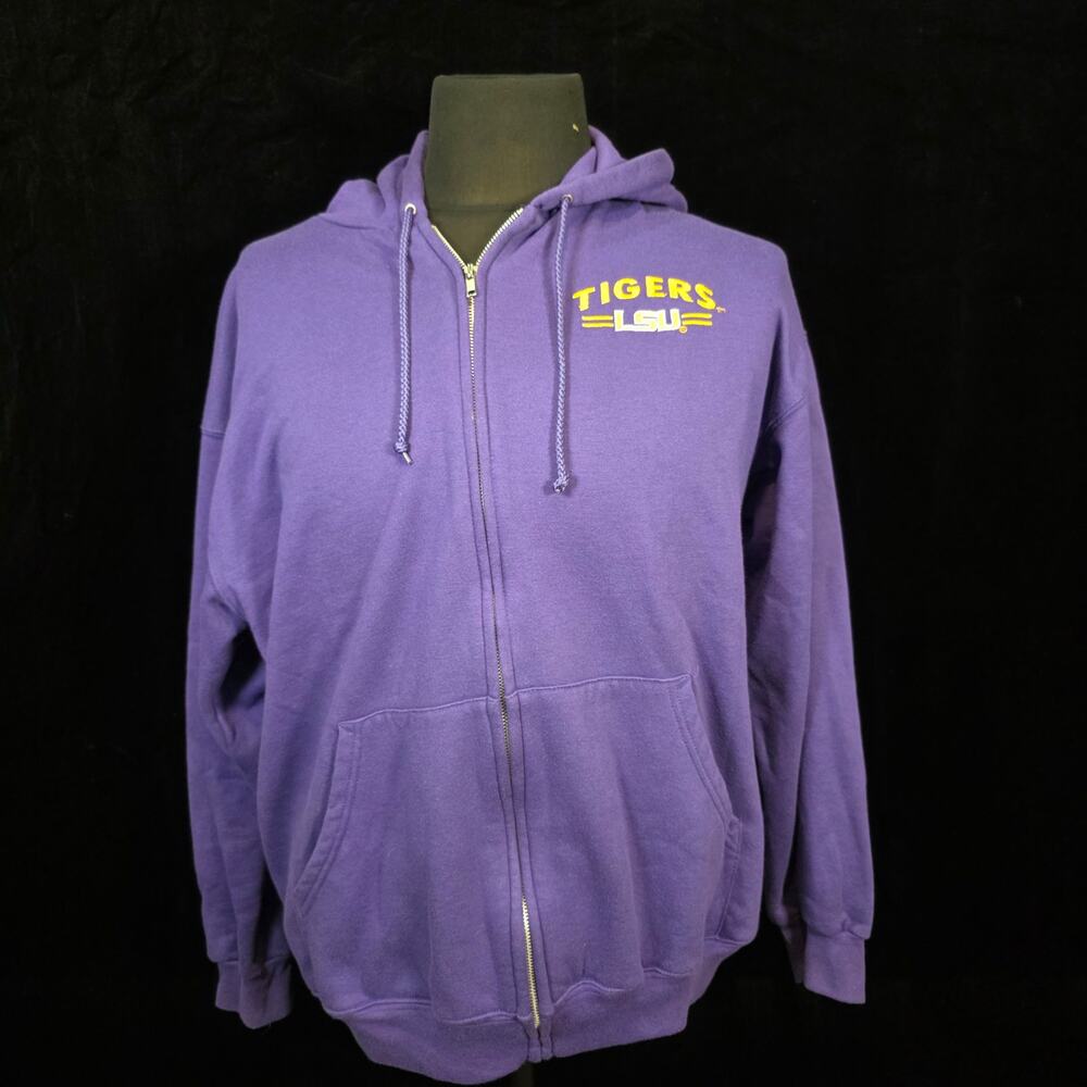 LSU Tigers Gold Spellout Purple Sweatshirt Jacket Zip-up Hooded Pouch Sz L